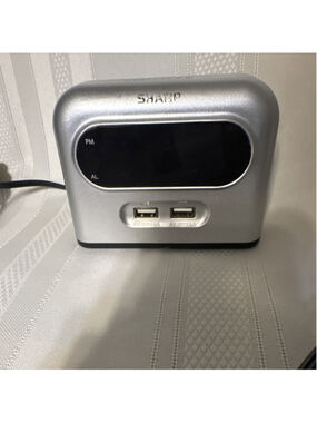Sharp Digital Alarm Clock Silver Modern Dual USB Charging Snooze Bedroom